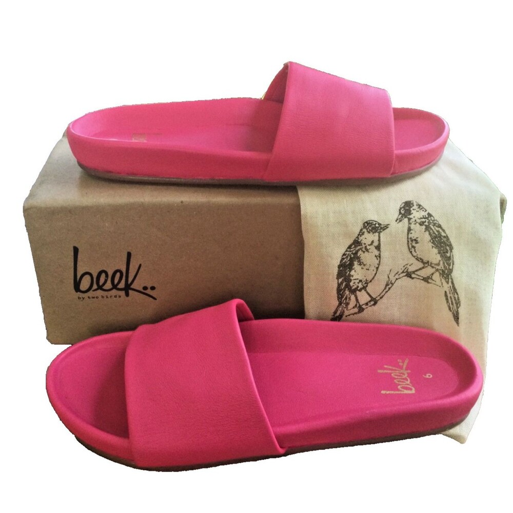Beek Pelican Leather Platform Slide Sandals Size 6 Hibiscus Hot Pink Shoes w Bag - Picture 5 of 13